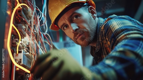Close-up of an electrician contractor showcasing the electrical wiring being installed in a new setup.