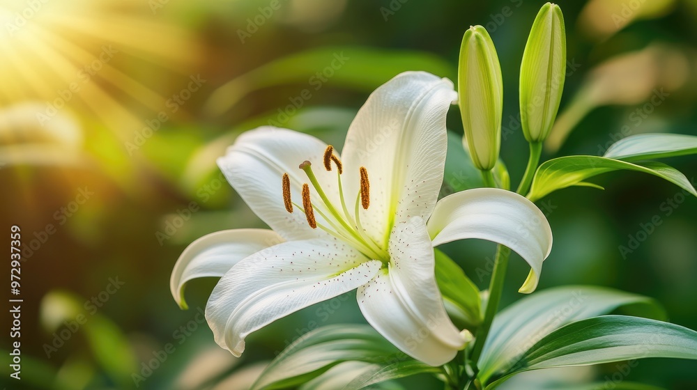 Fototapeta premium A detailed shot of a delicate white lily, with its stamens and pistil clearly visible, surrounded by lush green leaves and soft morning light.