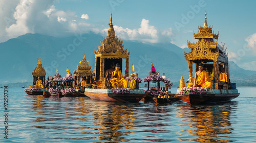 Phaung Daw Oo Pagoda Festival in Inle Lake, Myanmar, large wooden boats decorated with gold, sacred Buddha statues carried on the boats, Ai generated images photo