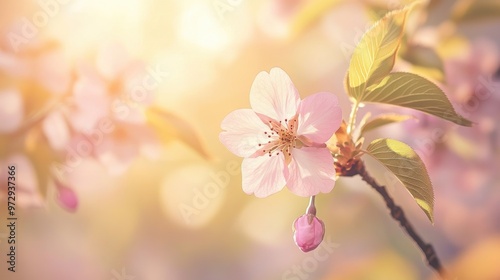 A detailed shot of a blooming cherry blossom with soft pink petals and fine details, framed by a few blurred green leaves and a sunny spring background