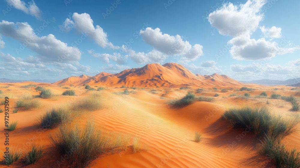 Naklejka premium Vibrant desert landscape with rolling dunes and scattered clouds.