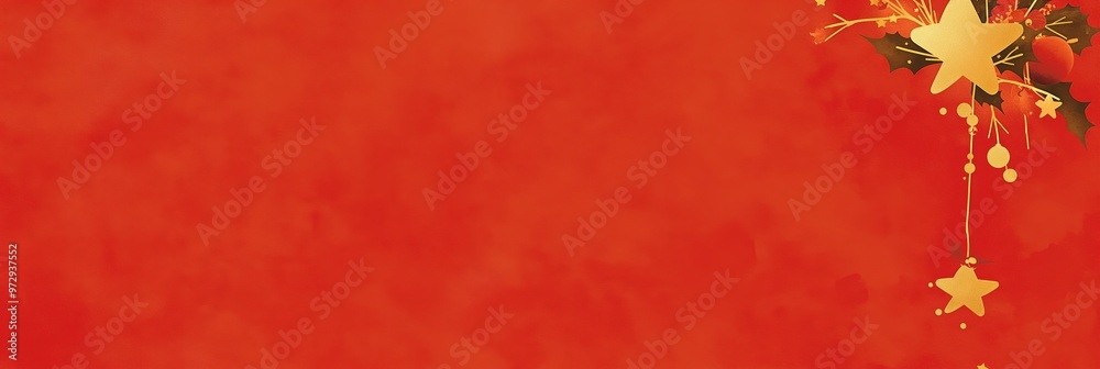 Red festive background with golden stars and ornaments on right side. Holiday banner design Red festive background with golden stars and ornaments on right side. Holiday banner design