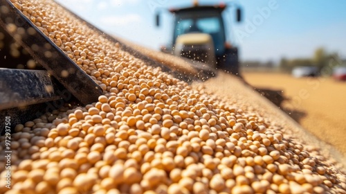 Pouring soy bean grain into tractor trailer after harvest at field.