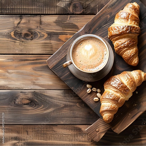  French Breakfast with Coffee and Croissant on Wooden Table