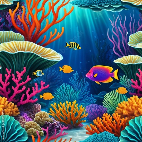 A vibrant underwater setting featuring various fish species and coral formations photo