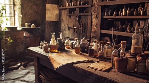 A Tabletop Arrangement of Glass Bottles, Jars, and Papers in an Old Room
