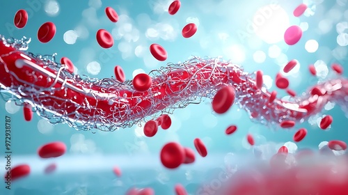 3D render of red blood cells navigating through a vein, offering a vivid medical visualization.