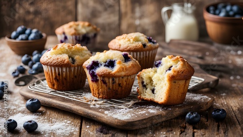 Freshly baked muffins, golden brown and perfectly risen, sitting on a rustic wooden table