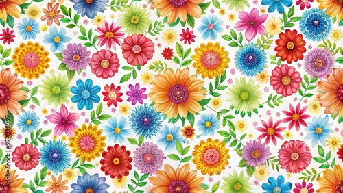Seamless pattern with colorful flowers on a white background, floral, design, repeating, nature, botanical, whimsical