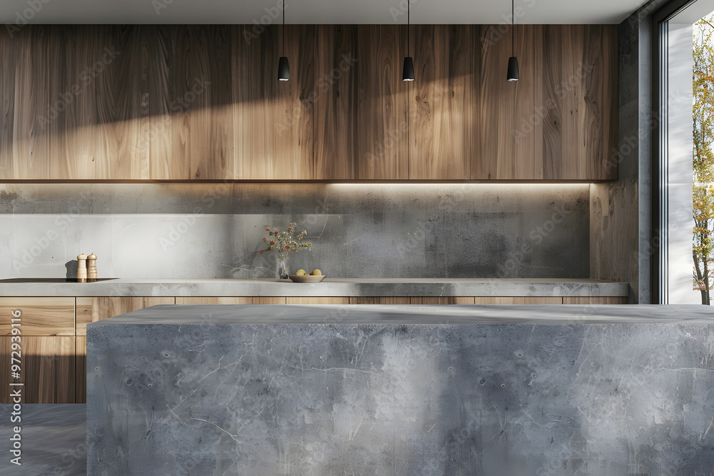 Modern wood and concrete kitchen interior with empty mock up place on wall 3d render. Generative Ai.