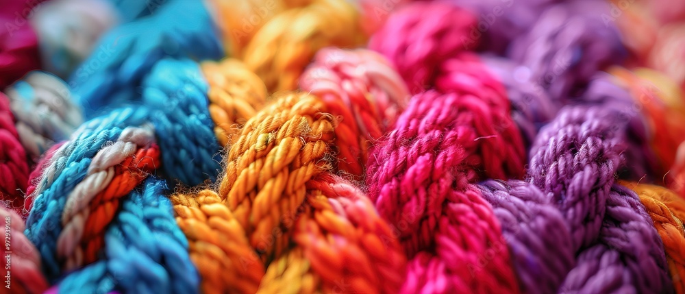 Colourful knitted yarn string material macro photo Colourful knitted yarn string material macro photo