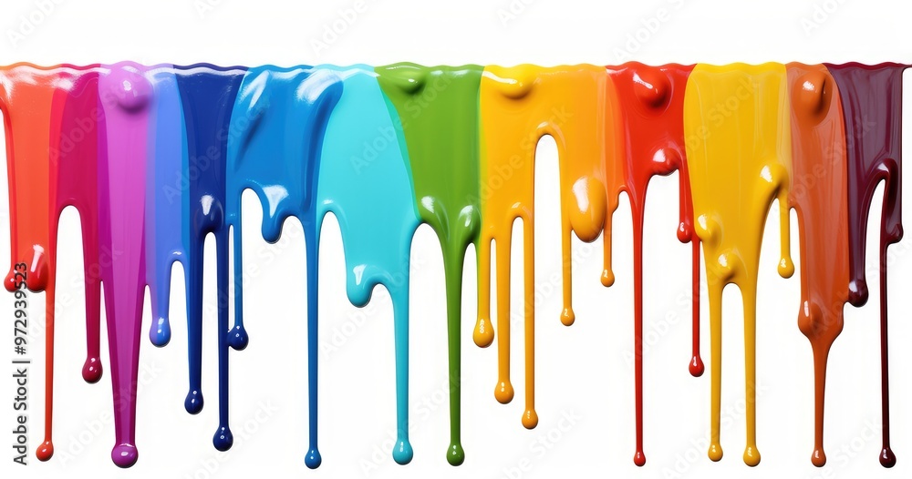 A vibrant splash of colors dripping like paint isolated on white background, showcasing a spectrum from purple to red, ideal for artistic backgrounds. A vibrant splash of colors dripping like paint isolated on white background, showcasing a spectrum from purple to red, ideal for artistic backgrounds.
