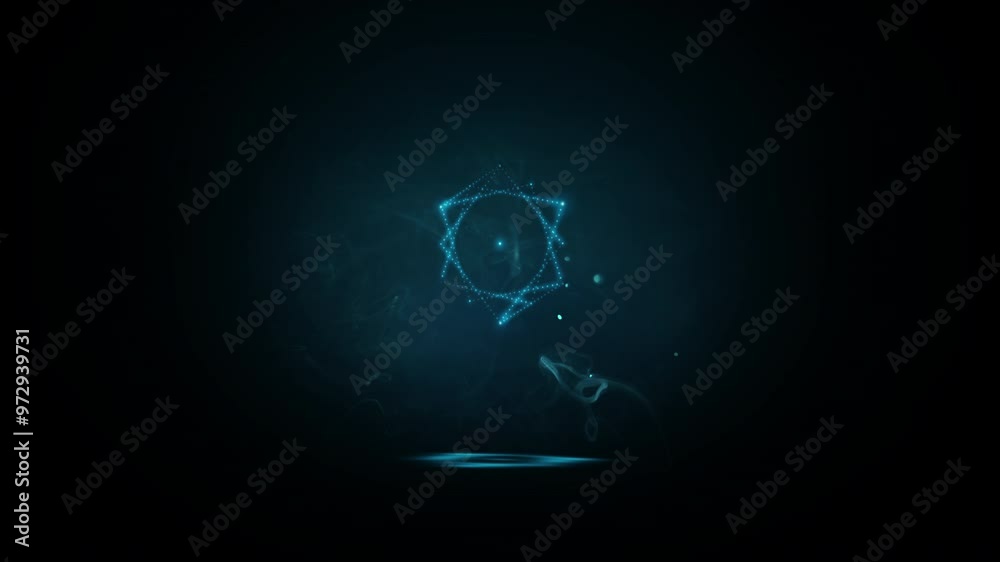 Metatron's glowing neon cube made up of many small blue flashing dots, bulbs, rotating in smoke and flying dust in the dark. Sacred geometry. 4k 3d looped animation.