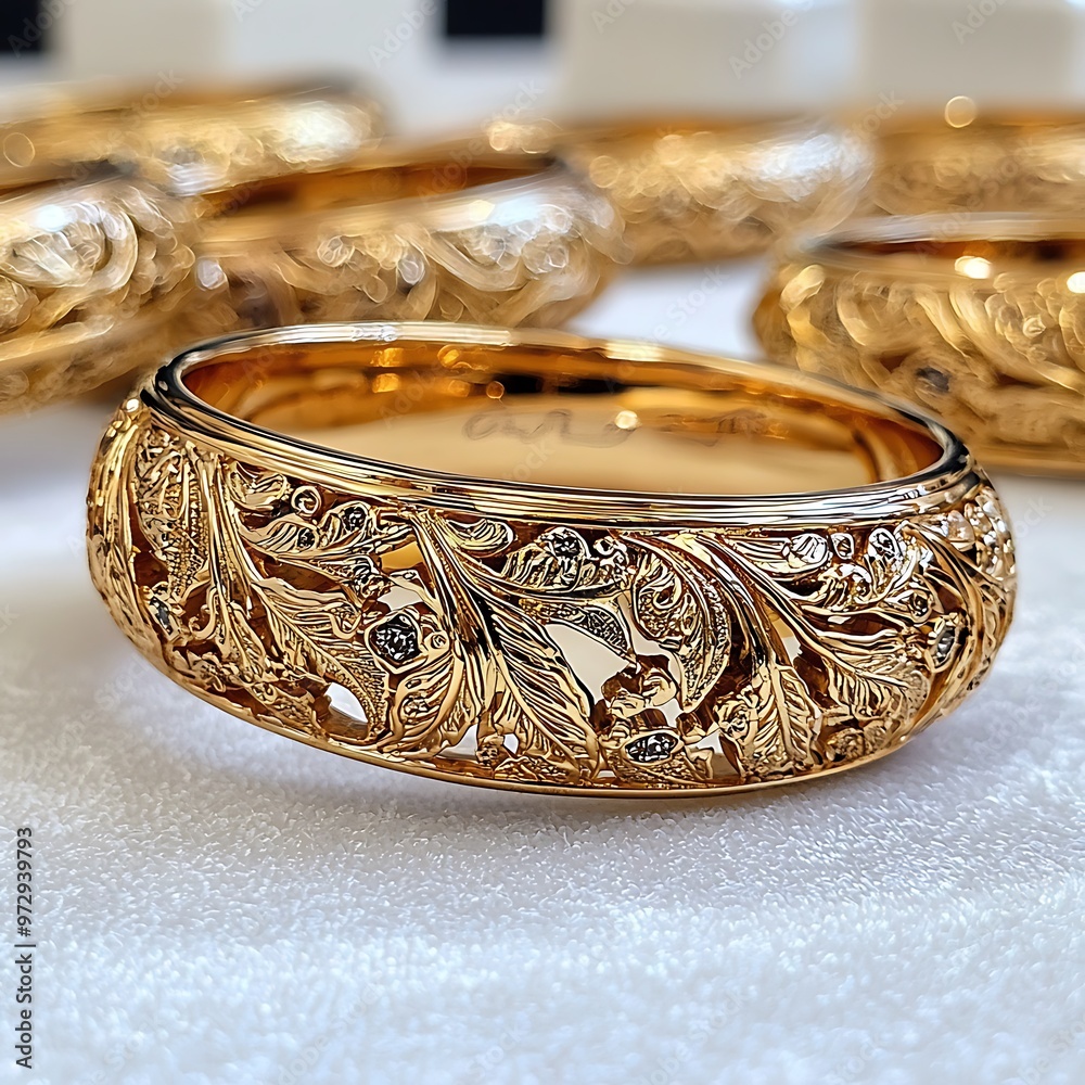 Ornate gold ring adorned with floral designs and diamond accents, perfect for adding a touch of luxury. Ornate gold ring adorned with floral designs and diamond accents, perfect for adding a touch of luxury.