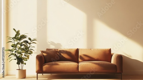 a modern living room with brown sofa and a small plant, in the style of luminous shadows, light beige, photo bashing, matte background, soft edged, modern, nature inspired.