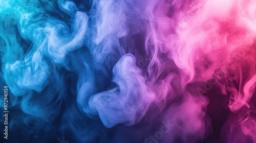 A dramatic image of brightly colored smoke billowing upward, with shades of pink, blue, and purple swirling in a mesmerizing, fluid pattern