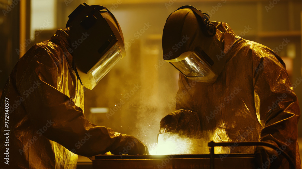 Workers in protective gear welding metal components Workers in protective gear welding metal components