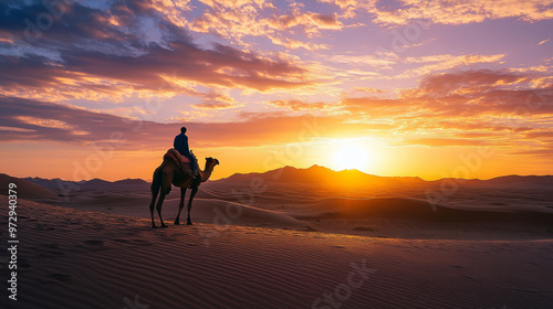 Lone camel rider in the Gobi desert, vast empty landscape, the sun setting behind distant dunes,