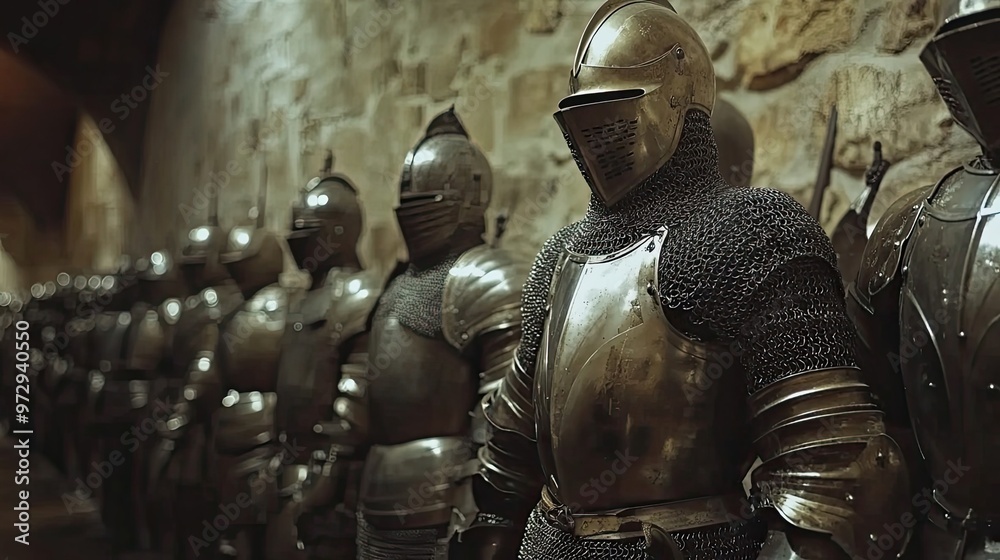 A Line of Knights in Full Armor Stands Against a Stone Wall A Line of Knights in Full Armor Stands Against a Stone Wall