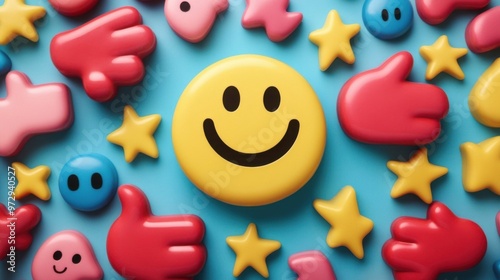 Smiley face surrounded by positive symbols, thumbs-up gestures, stars, and happy emoticons Feedback rating and customer satisfaction, positive experiences and reviews