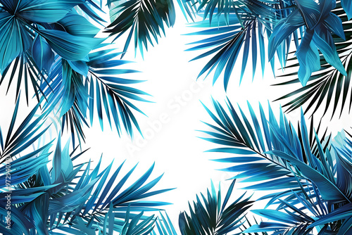 Palm Plant Border forms Blue, Modern Design. Square Botanical Frame. Generative Ai.