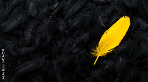 A singular yellow feather among black feathers, symbolizing originality and innovation taking flight.