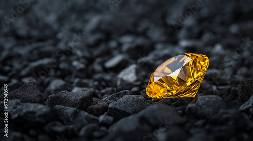 A bright yellow diamond shines among black pebbles, symbolizing the rarity and brilliance of a breakthrough discovery. photo