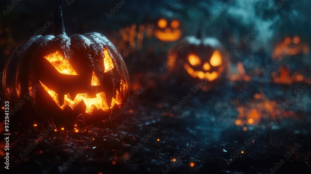 Three glowing jack-o'-lanterns with eerie smiles in a dark, smoky setting. Three glowing jack-o'-lanterns with eerie smiles in a dark, smoky setting.