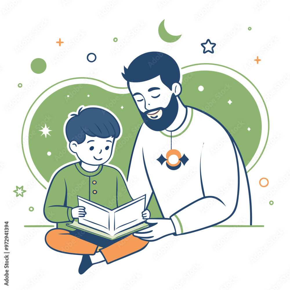 Father and son reading a story together with joy in a cozy indoor setting, copy space