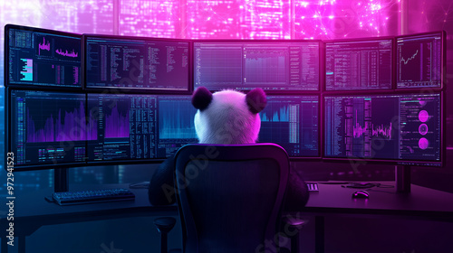 A panda surrounded by multiple monitors, each displaying different datasets and analytical reports, symbolizing the versatility of the Pandas tool in processing large amounts of da photo