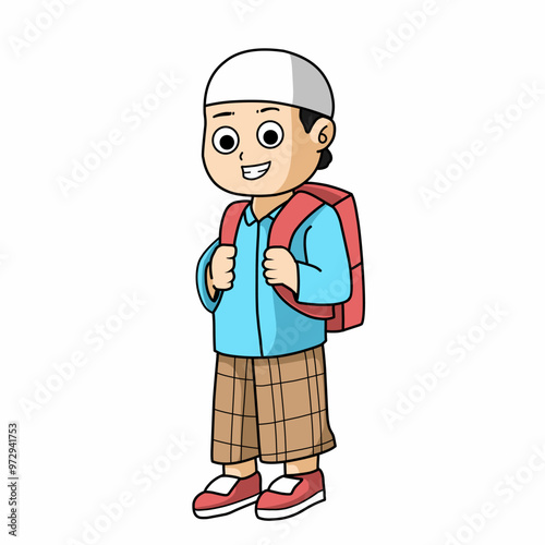 boy is carrying a bag. Muslim boy. back to school