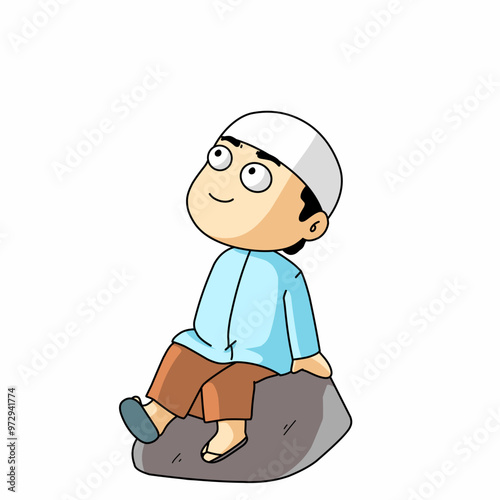 Muslim man sitting on a rock looking at the sky and smiling. Muslim boy.