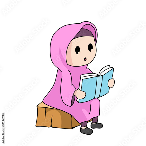 Muslim woman is reading a book in the park and sitting on a wooden block
