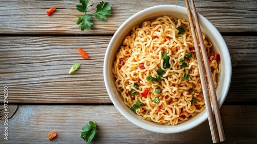 Bowl of instant noodles with chopsticks, isolated on wooden background