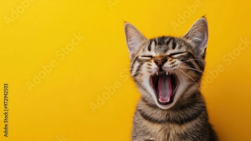 Portrait cute cat expression screaming on bright yellow background