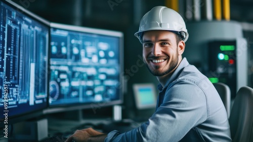 Portrait happy smiling male engineering technician on the industrial control room