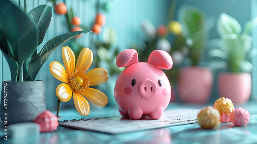 A charming pink piggy bank surrounded by vibrant plants and colorful decor, creating a playful and cheerful setting for saving money A charming pink piggy bank surrounded by vibrant plants and colorful decor, creating a playful and cheerful setting for saving money