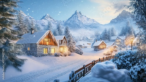 Enchanting winter landscape featuring cozy cabins in a snowy mountain village during twilight hours
