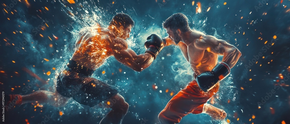 Naklejka premium A fighting scene character between two men hero in an epic battle video game graphic background wallpaper AI generated image