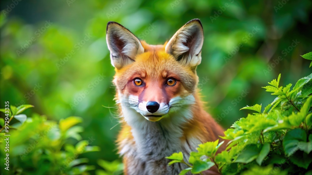 Fototapeta premium Close-up photo of a red fox in its natural habitat with lush green foliage in the background, wildlife, red fox