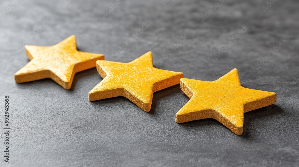 Three yellow star shapes arranged on a textured surface. Three yellow star shapes arranged on a textured surface.