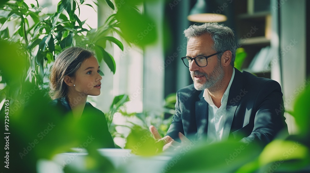 Obraz premium corporate mentorship in action as a mature businessman talks strategy with a younger colleague in a modern office, surrounded by greenery for a fresh working atmosphere