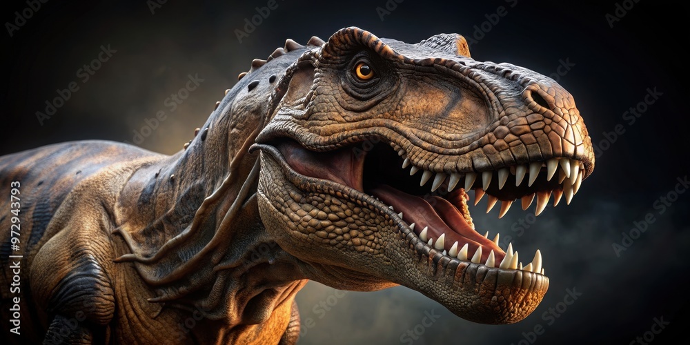 Close up of a Tyrannosaurus Rex dinosaur on a dark background, Tyrannosaurus Rex, dinosaur, prehistoric, extinct, predator Close up of a Tyrannosaurus Rex dinosaur on a dark background, Tyrannosaurus Rex, dinosaur, prehistoric, extinct, predator