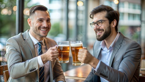 Cheers to successful project. Group of two colleagues, business people, men clinking beer glasses, sitting at outdoor bar and celebrating good work. Concept of business, meeting, celebration