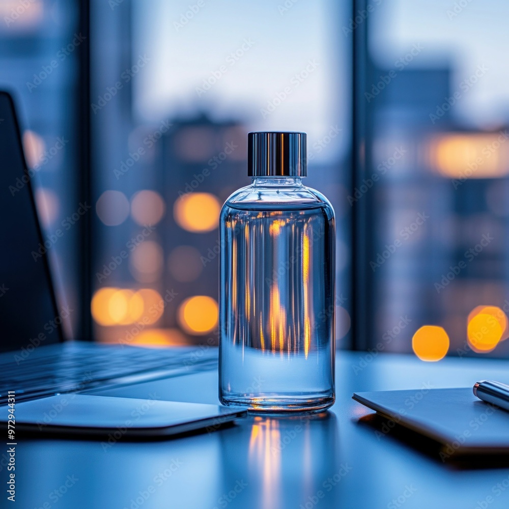 Clear Bottle on Office Desk at Sunset. Generative ai