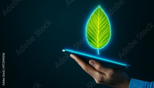 glowing leaf icon emerging from a digital tablet , the environmental sustainability and agricultural technologies, and intelligent farming solutions.
 photo