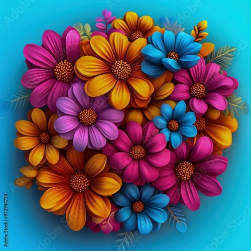 Colorful Cartoon Flowers in 3D Top View. Generative ai