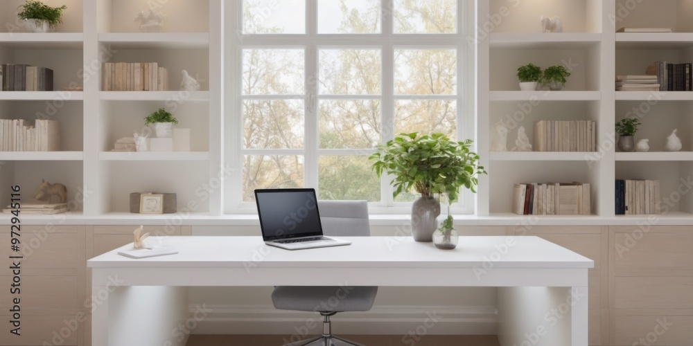 Fototapeta premium Modern home office with large window, white frames, built-in she
