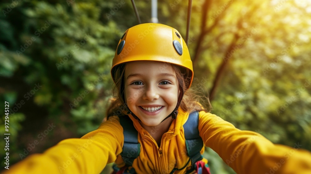 Smiling girl wearing a helmet, enjoying a zipline adventure in the forest. Generative ai
