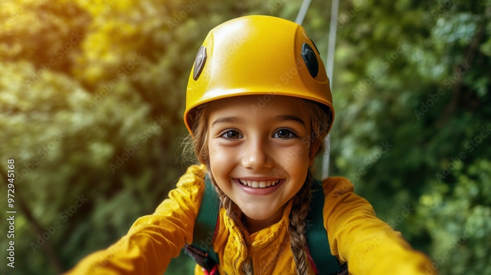 Smiling girl wearing a helmet, enjoying a zipline adventure in the forest. Generative ai Smiling girl wearing a helmet, enjoying a zipline adventure in the forest. Generative ai